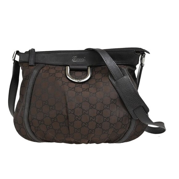 GUCCI Logo GG pattern Shoulder Bag Nylon Leather Brown Silver Italy - Picture 1 of 16